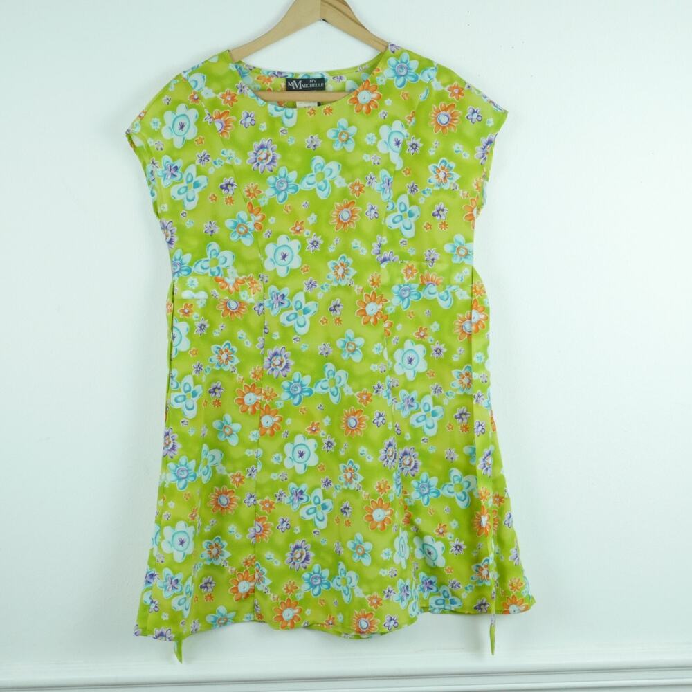 Vintage 10 Dress Babydoll Mini Y2K Green Floral Tieback Grunge Fairy 90s Spring